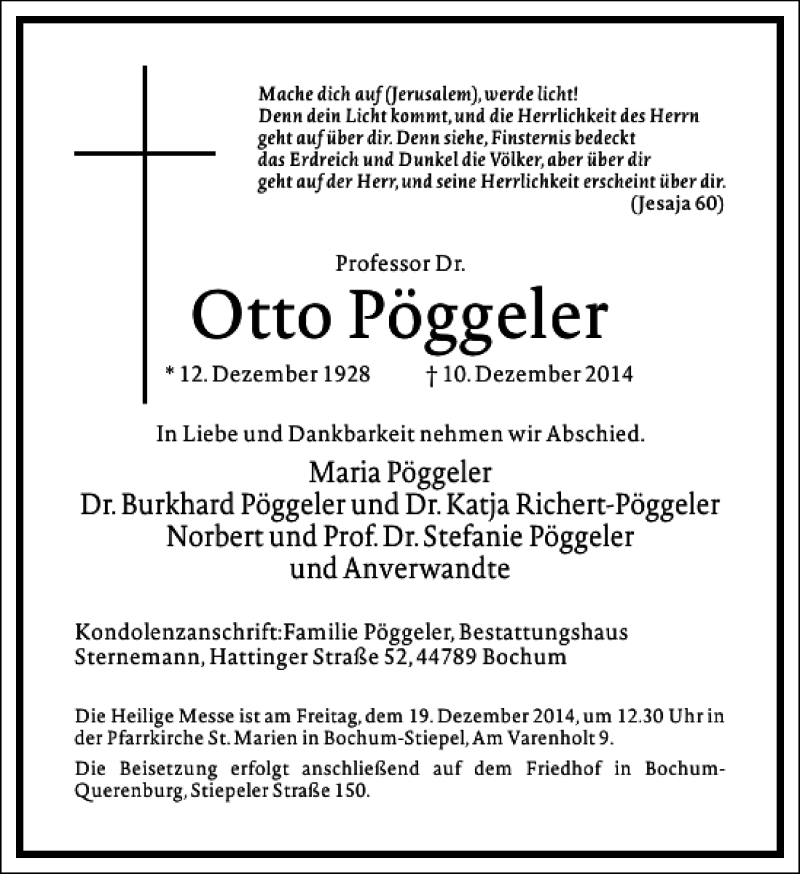  Traueranzeige für Otto Pöggeler vom 13.12.2014 aus Frankfurter Allgemeine Zeitung