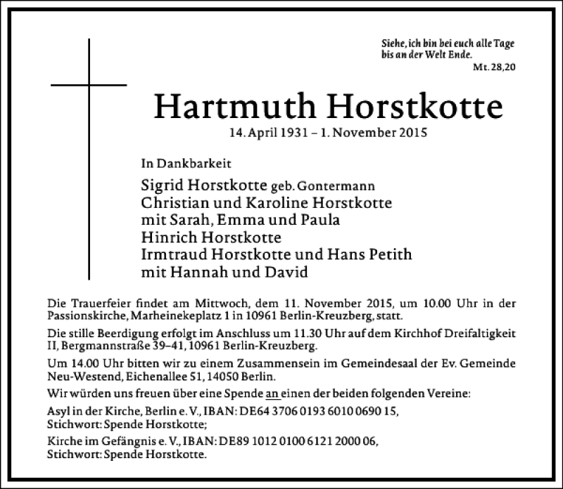  Traueranzeige für Hartmuth Horstkotte vom 07.11.2015 aus Frankfurter Allgemeine Zeitung