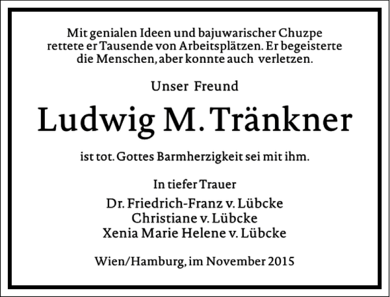  Traueranzeige für Ludwig M. Tränkner vom 14.11.2015 aus Frankfurter Allgemeine Zeitung