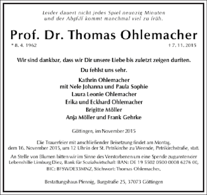  Traueranzeige für Thomas Ohlemacher vom 12.11.2015 aus Frankfurter Allgemeine Zeitung