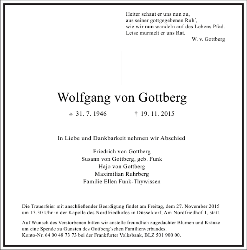  Traueranzeige für Wolfgang von Gottberg vom 25.11.2015 aus Frankfurter Allgemeine Zeitung