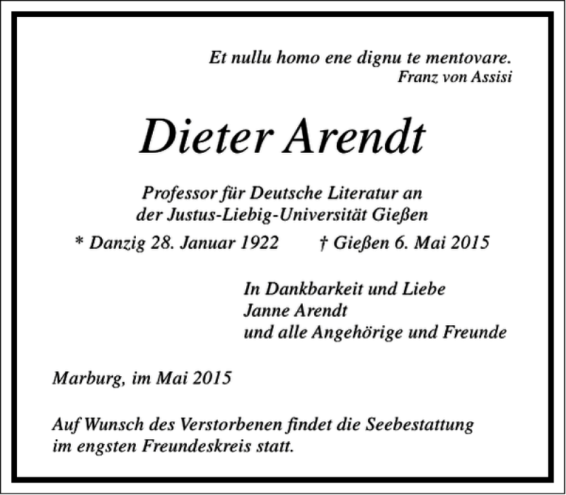  Traueranzeige für Dieter Arendt vom 09.05.2015 aus Frankfurter Allgemeine Zeitung