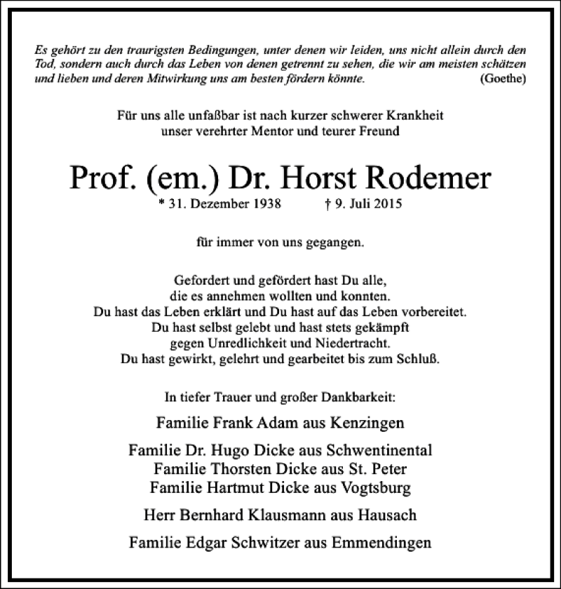  Traueranzeige für Prof. (em.) Dr. Horst Rodemer vom 18.07.2015 aus Frankfurter Allgemeine Zeitung