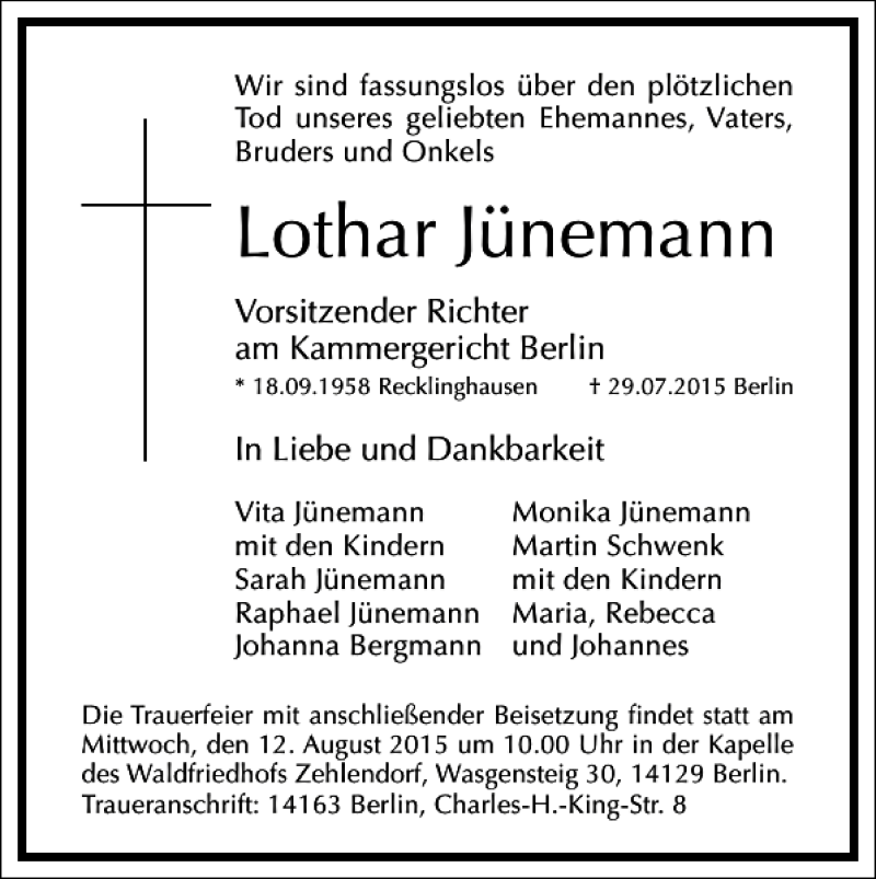  Traueranzeige für Lothar Jünemann vom 08.08.2015 aus Frankfurter Allgemeine Zeitung