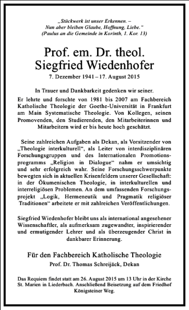  Traueranzeige für Siegfried Wiedenhofer vom 21.08.2015 aus Frankfurter Allgemeine Zeitung