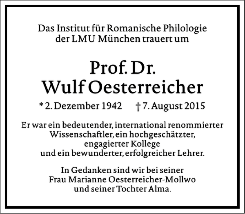  Traueranzeige für Wulf Oesterreicher vom 12.08.2015 aus Frankfurter Allgemeine Zeitung