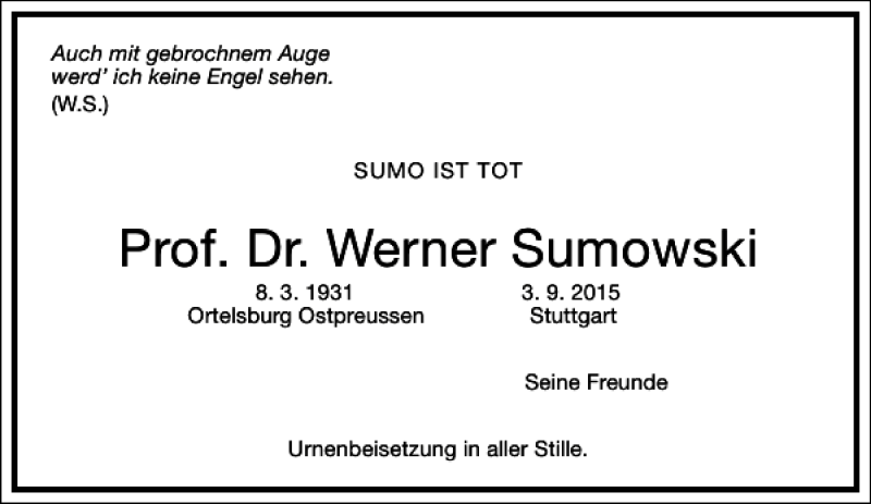  Traueranzeige für Werner Sumowski vom 19.09.2015 aus Frankfurter Allgemeine Zeitung