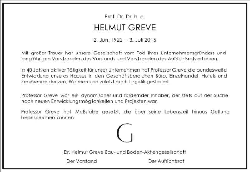  Traueranzeige für Helmut Paul Greve vom 09.07.2016 aus Frankfurter Allgemeine Zeitung