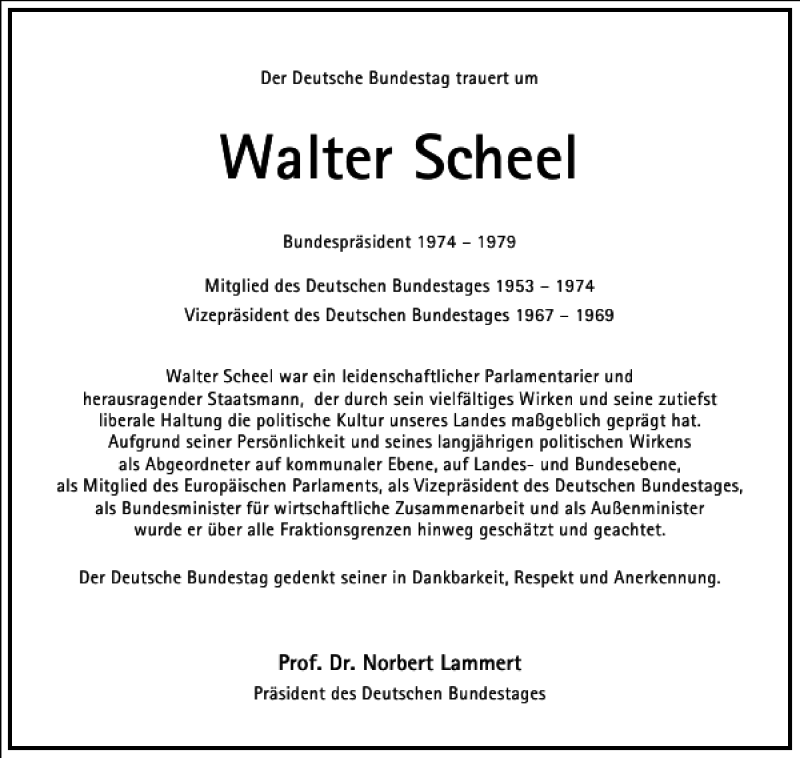 Traueranzeigen Von Walter Scheel Frankfurter Allgemeine Lebenswege