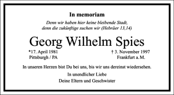 Traueranzeigen Von Georg Wilhelm Spies Frankfurter Allgemeine Lebenswege