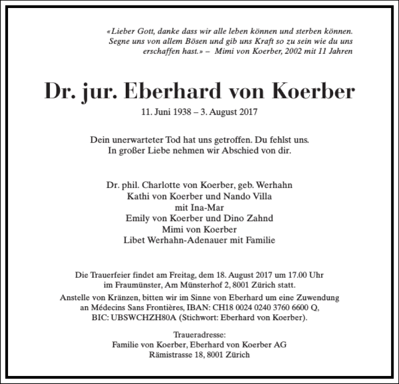  Traueranzeige für Dr. jur. Eberhard von Koerber vom 10.08.2017 aus Frankfurter Allgemeine Zeitung