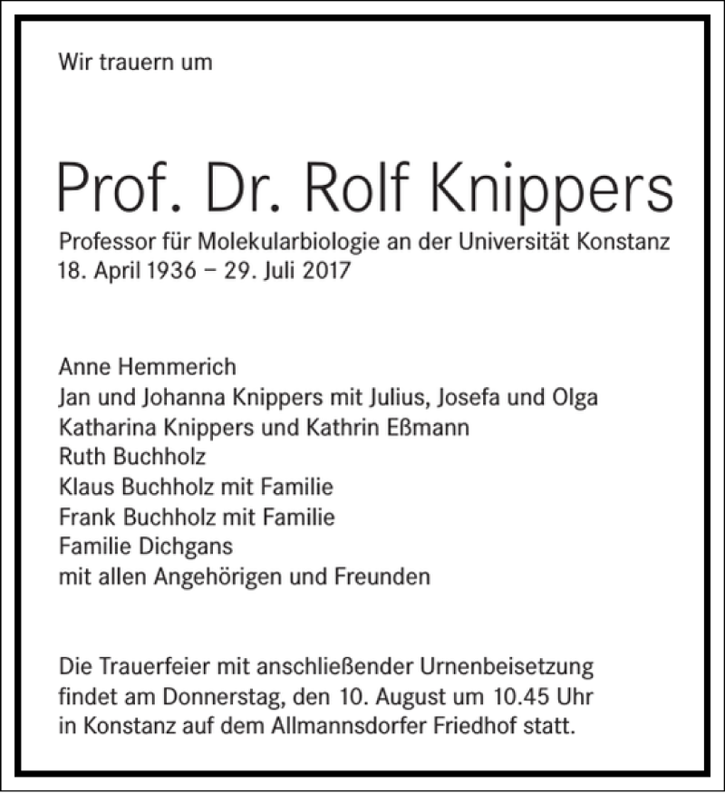  Traueranzeige für Prof. Dr. Rolf Knippers vom 03.08.2017 aus Frankfurter Allgemeine Zeitung
