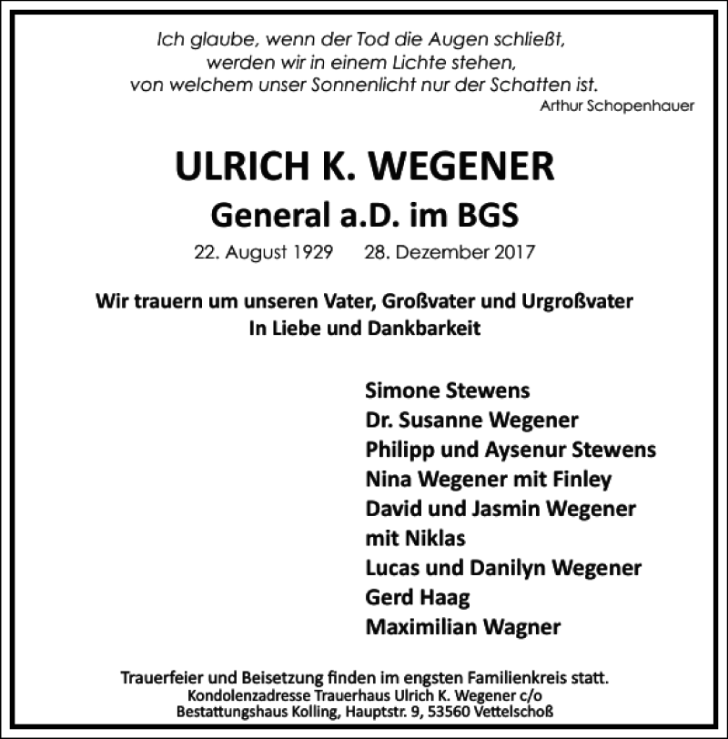  Traueranzeige für ULRICH K. WEGENER vom 04.01.2018 aus Frankfurter Allgemeine Zeitung