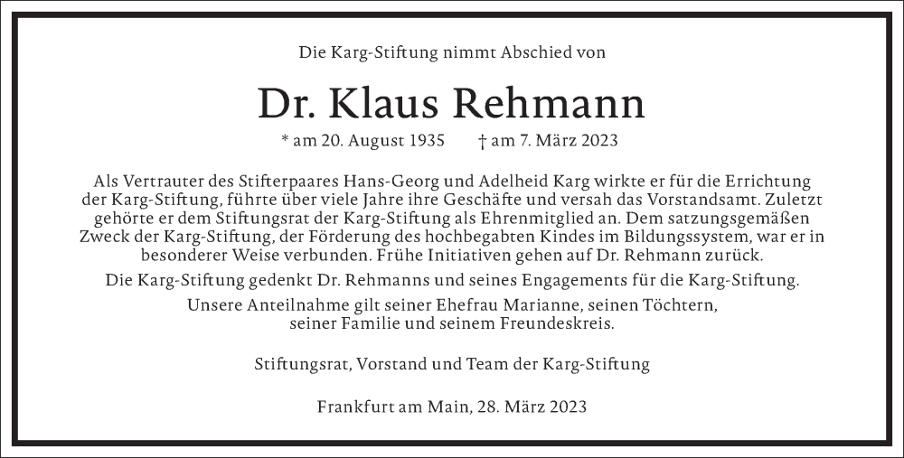 Traueranzeigen Von Klaus Rehmann Frankfurter Allgemeine Lebenswege