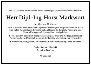 Traueranzeige von Dipl.-Ing. Horst Markwort von Frankfurter Allgemeine Zeitung