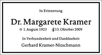 Traueranzeige von Dr. Margarete Kramer von Frankfurter Allgemeine Zeitung