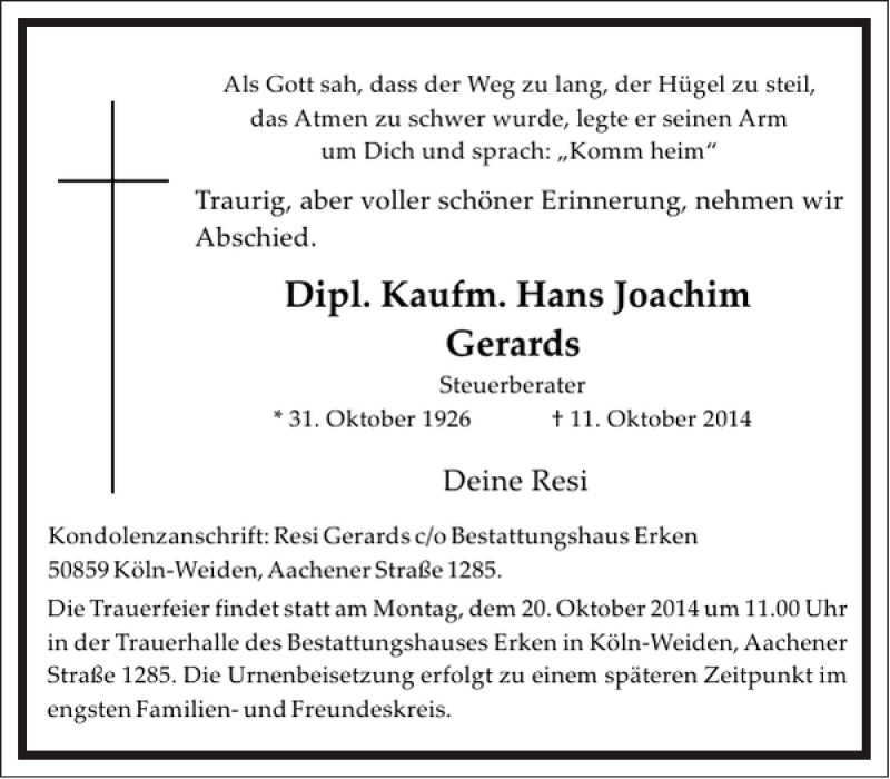  Traueranzeige für Gerards Dipl. Kaufm. Hans Joachim vom 15.10.2014 aus Frankfurter Allgemeine Zeitung