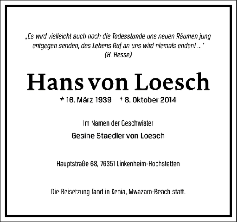  Traueranzeige für Hans von Loesch vom 14.10.2014 aus Frankfurter Allgemeine Zeitung