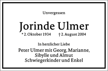 Traueranzeige von Jorinde Ulmer von Frankfurter Allgemeine Zeitung