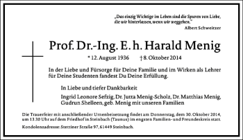 Traueranzeige von Prof. Dr.-Ing. E. h. Harald Menig  von Frankfurter Allgemeine Zeitung