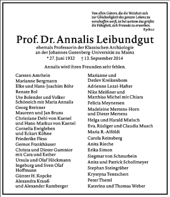 Traueranzeige von Prof. Dr. Annalis Leibundgut von Frankfurter Allgemeine Zeitung