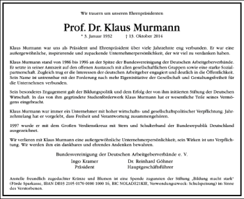 Traueranzeige von Prof. Dr. Klaus Murmann von Frankfurter Allgemeine Zeitung