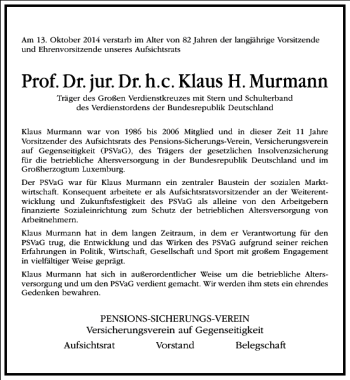 Traueranzeige von Prof.Dr.jur.Dr.h.c.Klaus H.Murmann von Frankfurter Allgemeine Zeitung