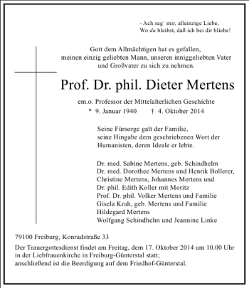 Traueranzeige von Prof. Dr. phil. Dieter Mertens von Frankfurter Allgemeine Zeitung