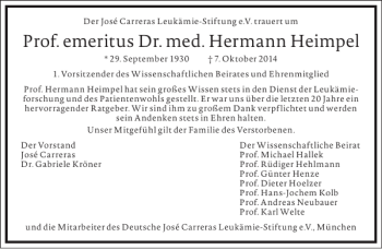 Traueranzeige von Prof. emeritus Dr. med. Hermann Heimpel  von Frankfurter Allgemeine Zeitung