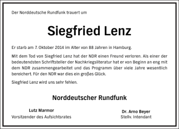 Traueranzeige von Siegfried Lenz von Frankfurter Allgemeine Zeitung
