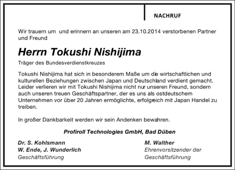  Traueranzeige für T okushi Nishijima vom 29.10.2014 aus Frankfurter Allgemeine Zeitung