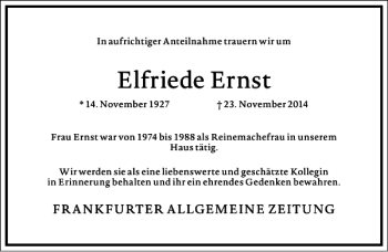 Traueranzeige von Elfriede Ernst von Frankfurter Allgemeine Zeitung
