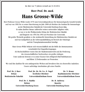 Traueranzeige von Hans Grosse-Wilde von Frankfurter Allgemeine Zeitung