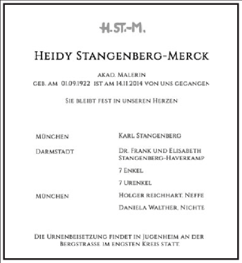 Traueranzeige von Heidy Stangenberg-Merck von Frankfurter Allgemeine Zeitung