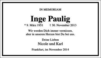 Traueranzeige von Inge Paulig von Frankfurter Allgemeine Zeitung