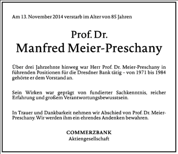 Traueranzeige von Manfred Meier-Preschany von Frankfurter Allgemeine Zeitung
