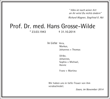 Traueranzeige von Prof. Dr. med. Hans Grosse-Wilde von Frankfurter Allgemeine Zeitung