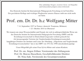 Traueranzeige von Prof. em. Dr. Dr. h.c Wolfgang Mitter  von Frankfurter Allgemeine Zeitung