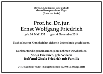 Traueranzeige von Prof. hc. Dr. jur. Ernst Wolfgang Friedrich  von Frankfurter Allgemeine Zeitung