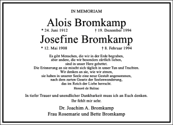 Traueranzeige von Alois Bromkamp Josefine Bromkamp von Frankfurter Allgemeine Zeitung
