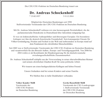 Traueranzeige von Dr. Andreas Schockenhoff von Frankfurter Allgemeine Zeitung