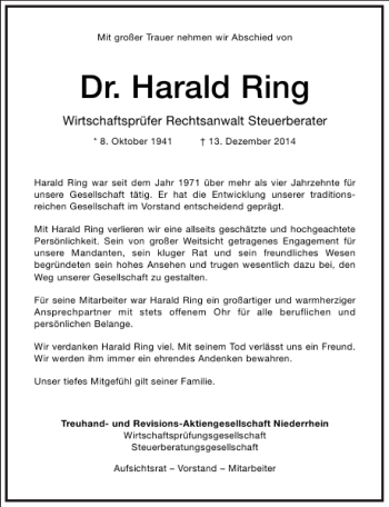 Traueranzeige von Dr. Harald Ring von Frankfurter Allgemeine Zeitung