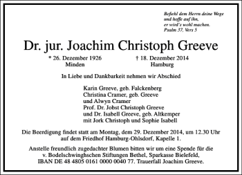 Traueranzeige von Dr. jur. Joachim Christoph Greeve von Frankfurter Allgemeine Zeitung