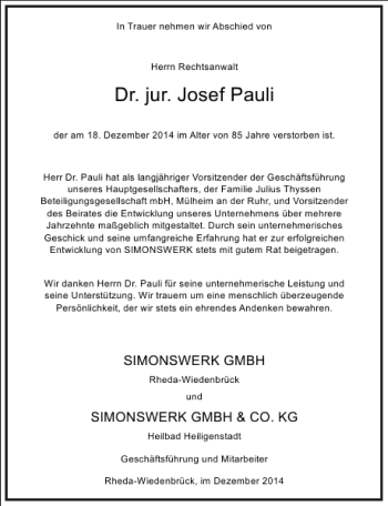 Traueranzeige von Dr. jur. Josef Pauli von Frankfurter Allgemeine Zeitung
