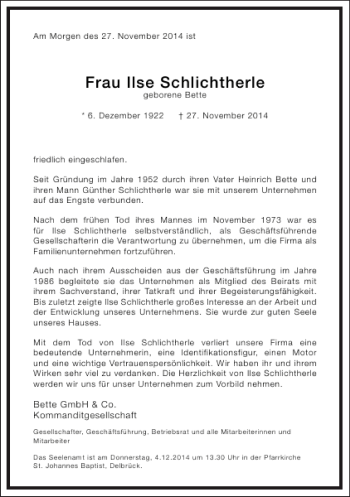 Traueranzeige von Frau Ilse Schlichtherle von Frankfurter Allgemeine Zeitung