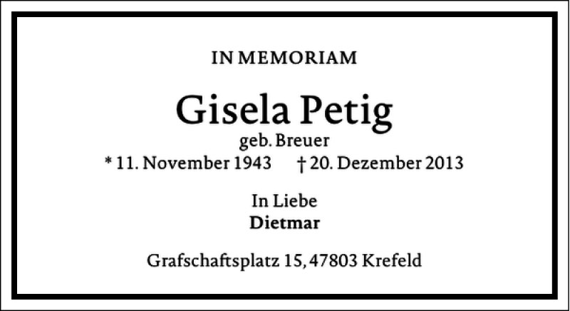  Traueranzeige für Gisela Petig vom 20.12.2014 aus Frankfurter Allgemeine Zeitung