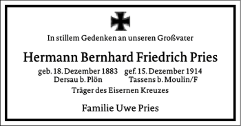 Traueranzeige von Hermann Bernhard Friedrich Pries von Frankfurter Allgemeine Zeitung