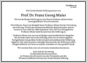Traueranzeige von Prof. Dr. Franz Georg Maier von Frankfurter Allgemeine Zeitung