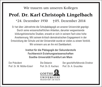 Traueranzeige von Prof. Dr. Karl Christoph Lingelbach von Frankfurter Allgemeine Zeitung