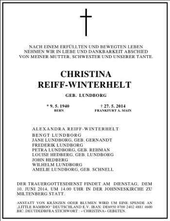 Traueranzeige von Christina Reif-Winterhelt von Frankfurter Allgemeine Zeitung